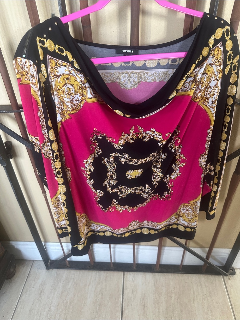 Premise Bold Pink and Black Baroque Scoop Neck Blouse